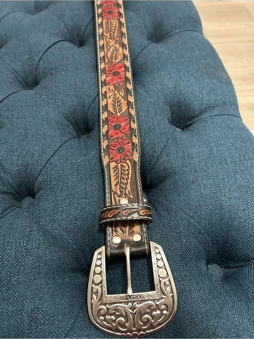 Ariat Hand-Tooled Floral Leather Belt in Black, Brown and Red